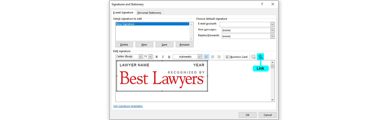 Image showing where the Insert Hyperlink icon is located in Outlook