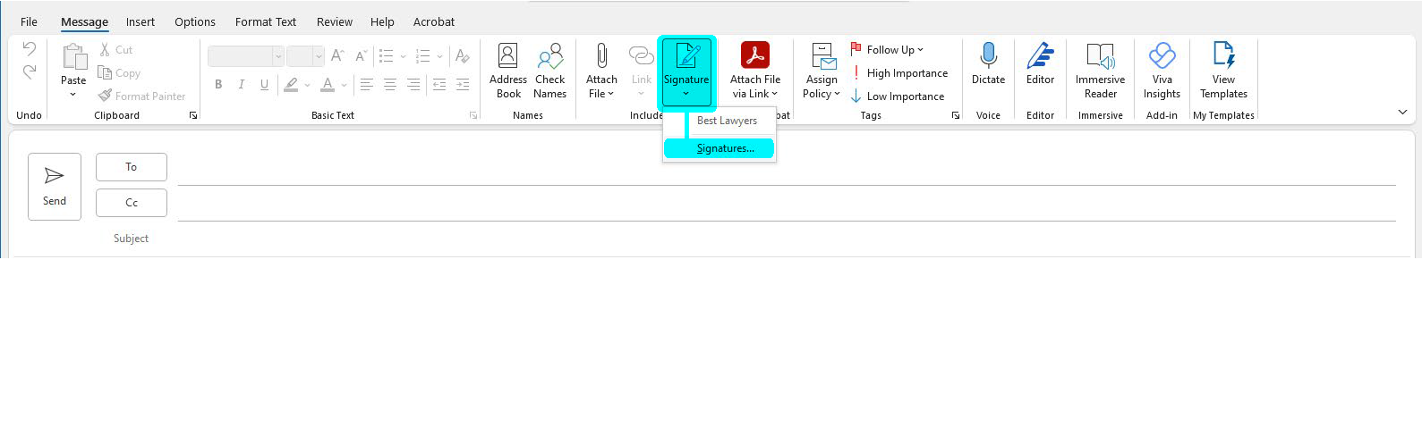 Image showing where the Signatures icon is located in Outlook